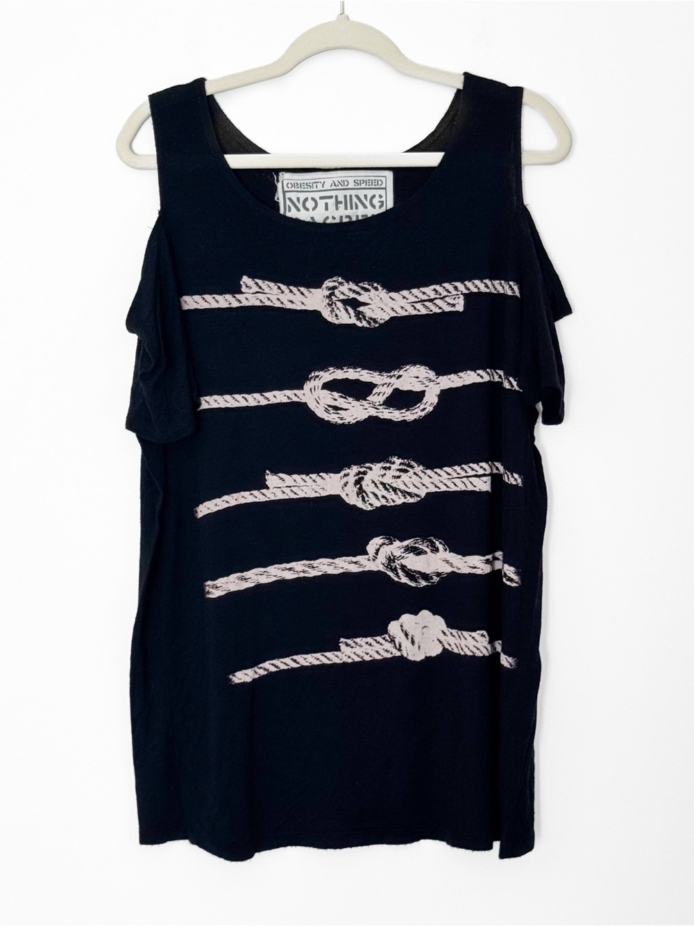 Obesity and Speed Nothing Sacred Black Rope Knot Graphic Cold Shoulder Top Small